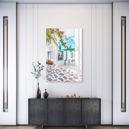 Bougainvillea Santorini White Village Beautiful40x60cm Metal Print Ready to Hang