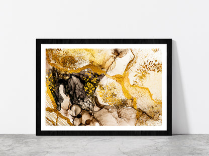 Black & Golden Abstract Painting Glass Framed Wall Art, Ready to Hang Quality Print With White Border Black