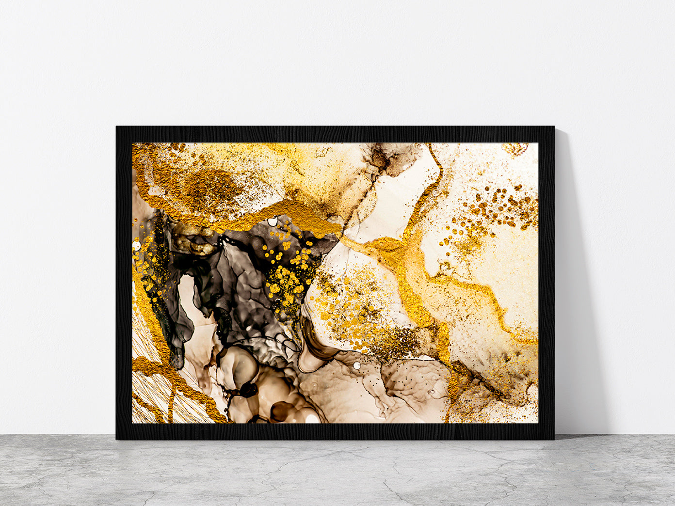 Black & Golden Abstract Painting Glass Framed Wall Art, Ready to Hang Quality Print Without White Border Black