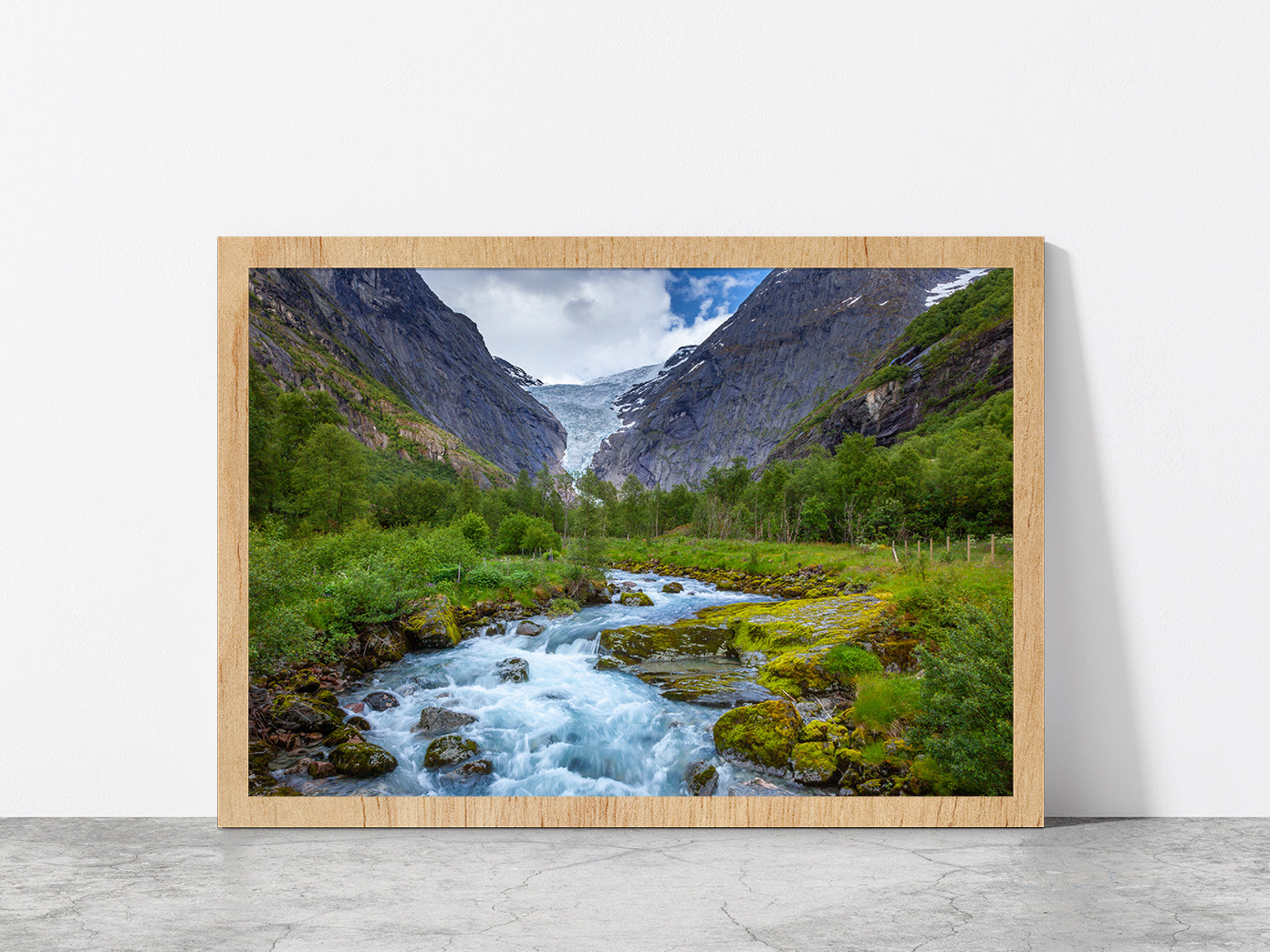 Rocky Mountains With Forest River Glass Framed Wall Art, Ready to Hang Quality Print Without White Border Oak