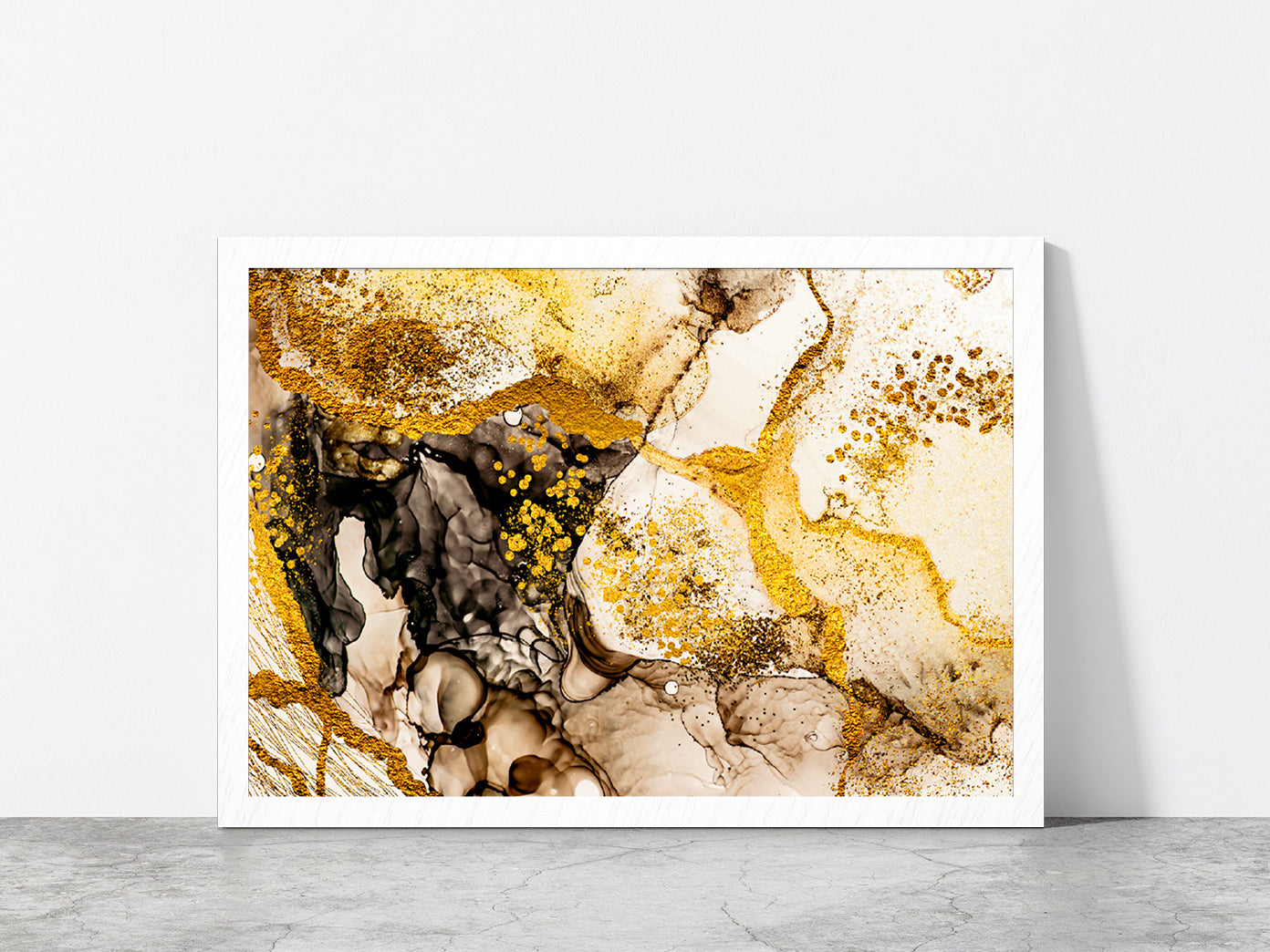 Black & Golden Abstract Painting Glass Framed Wall Art, Ready to Hang Quality Print Without White Border White