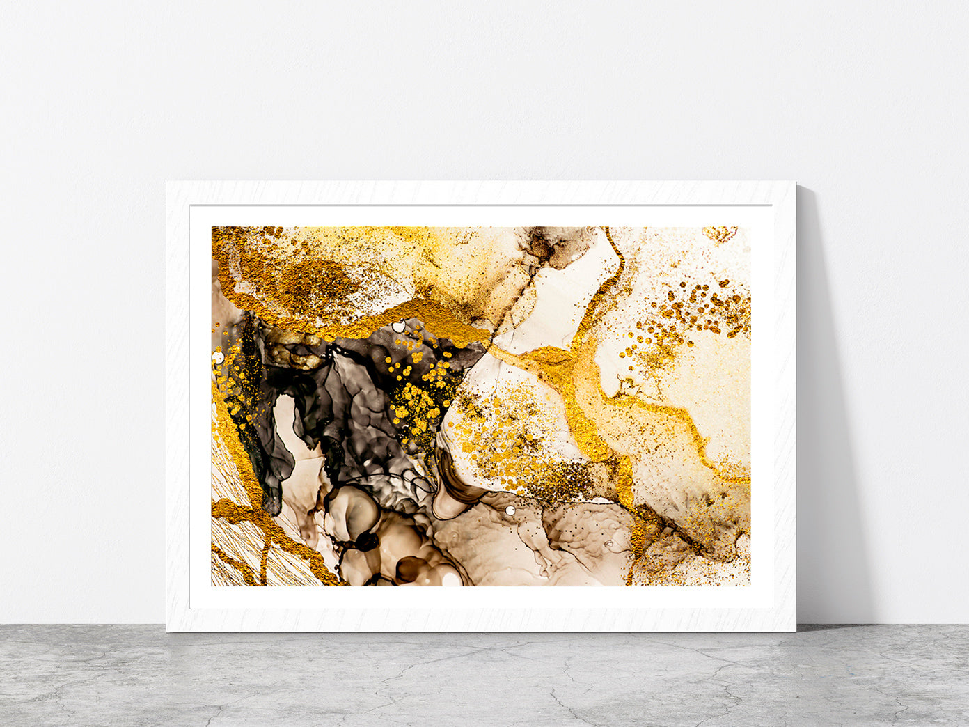 Black & Golden Abstract Painting Glass Framed Wall Art, Ready to Hang Quality Print With White Border White