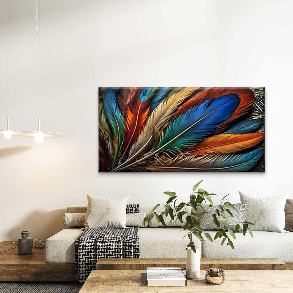 Vibrant Multicolored Feather Wall Art Canvas Office Home Room Framed 120x60cm