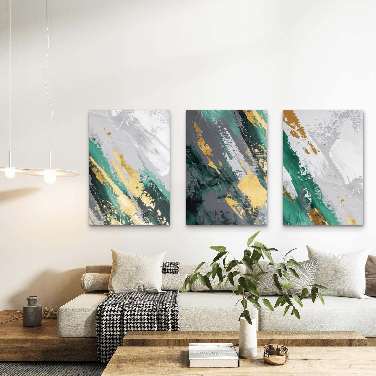 3pcs Modern Emerald Gold Grey Abstract Metal Print Ready to Hang Art