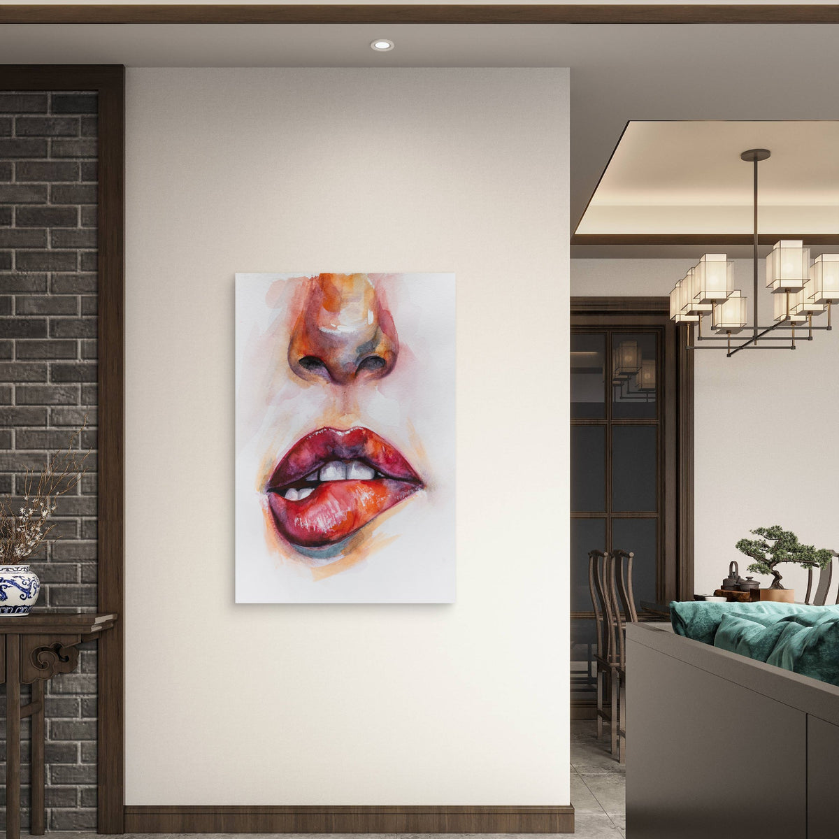 Sensual Abstract of Nose and Bitten Lips 40x60cm Metal Print Ready to Hang