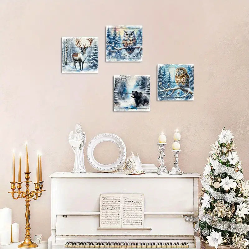 4pcs Deer, Owl, Bear In Snowy Landscape Wall Art Canvas Framed