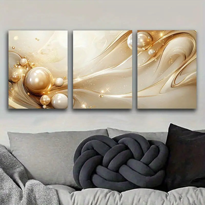 3pcs Golden & Beige Swirls Metal Print Ready to Hang Art