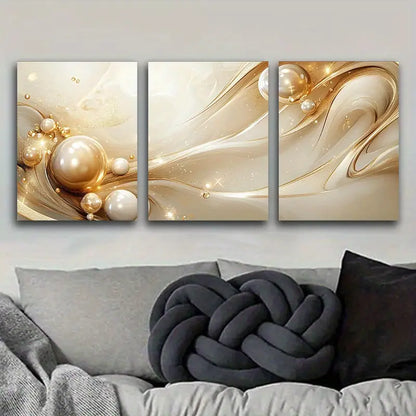 3pcs Golden & Beige Swirls Metal Print Ready to Hang Art