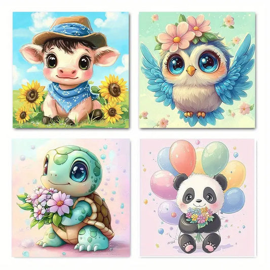 4pcs Cow, Owl, Turtle & Panda, Vibrant    Wall Art Canvas Framed