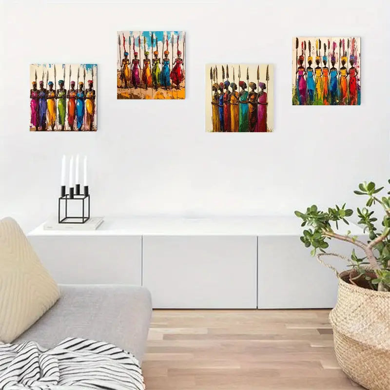 4pcs Traditional Attire & Spear Motifs, Cultural Wall Art Canvas Framed