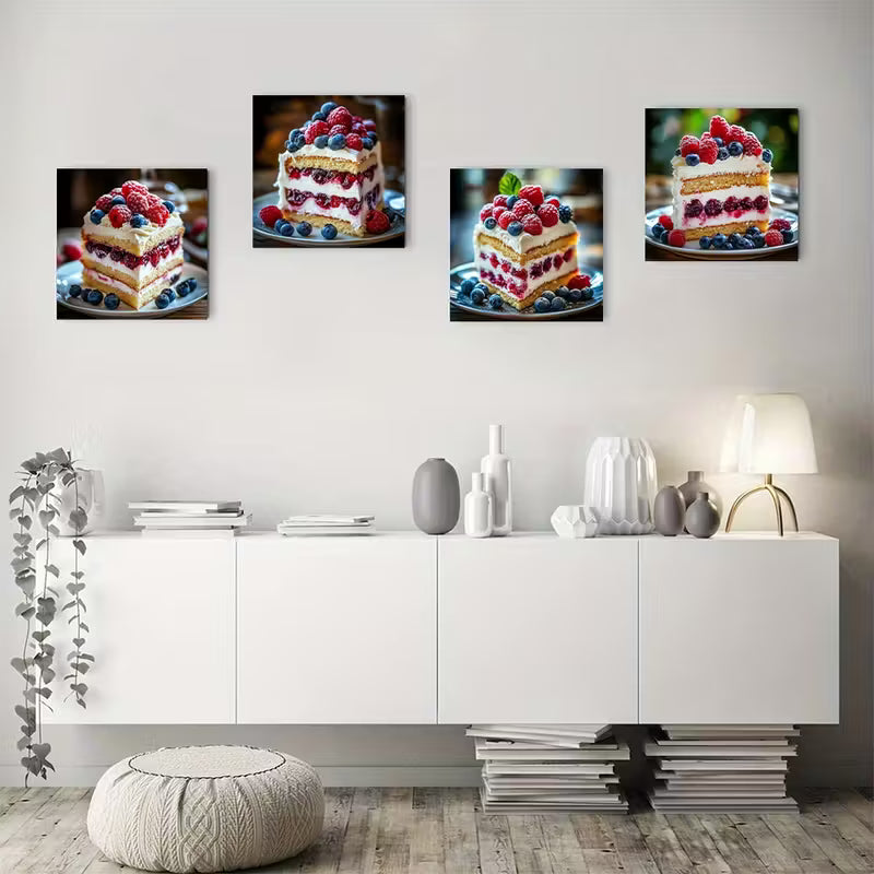 4pcs Blueberry Mulberry Cream Cake Wall Art Canvas Framed