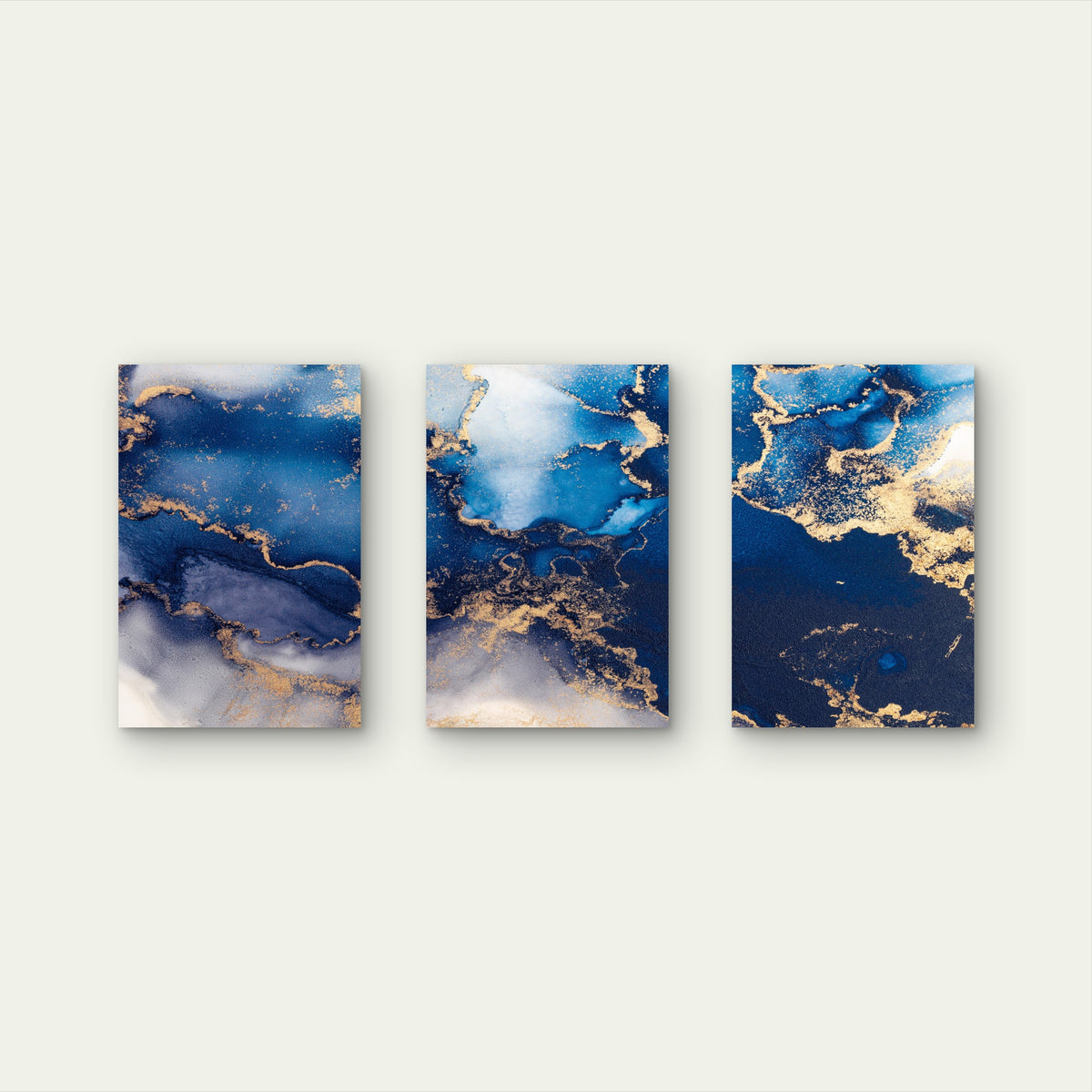 3pcs Modern Navy Indigo Blue Gold Ink Abstract Wall Art Set Canvas Framed 40x60cm - High Quality Print 100% Australian Made Wall Canvas Ready to Hang