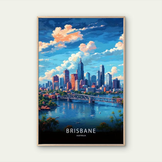 Brisbane Australia Deco Style Vibrant Cityscape Travel Poster Print Wall Art