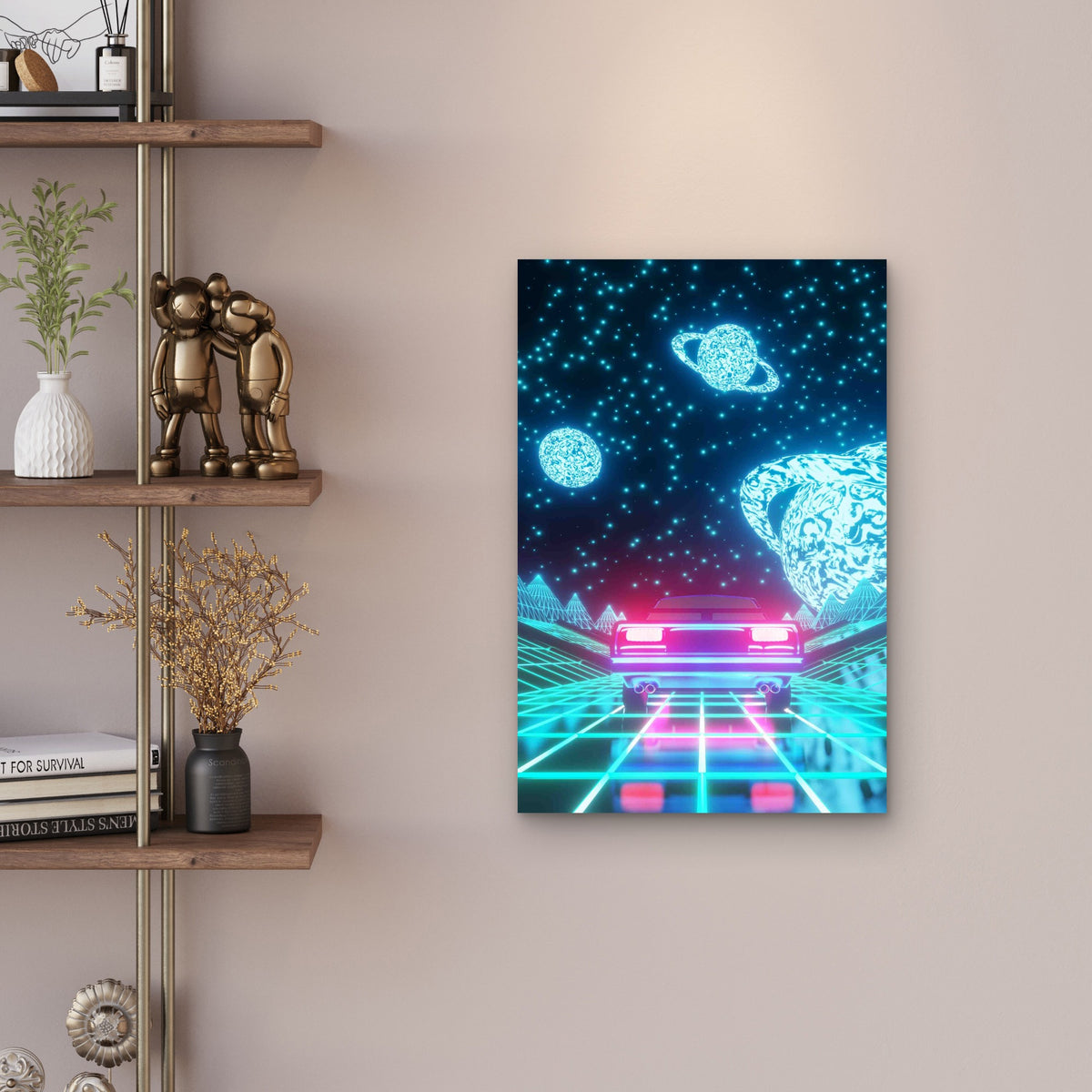 Synthwave Retro Car Driving Through Neon Style 60x90cm Metal Print Ready to Hang