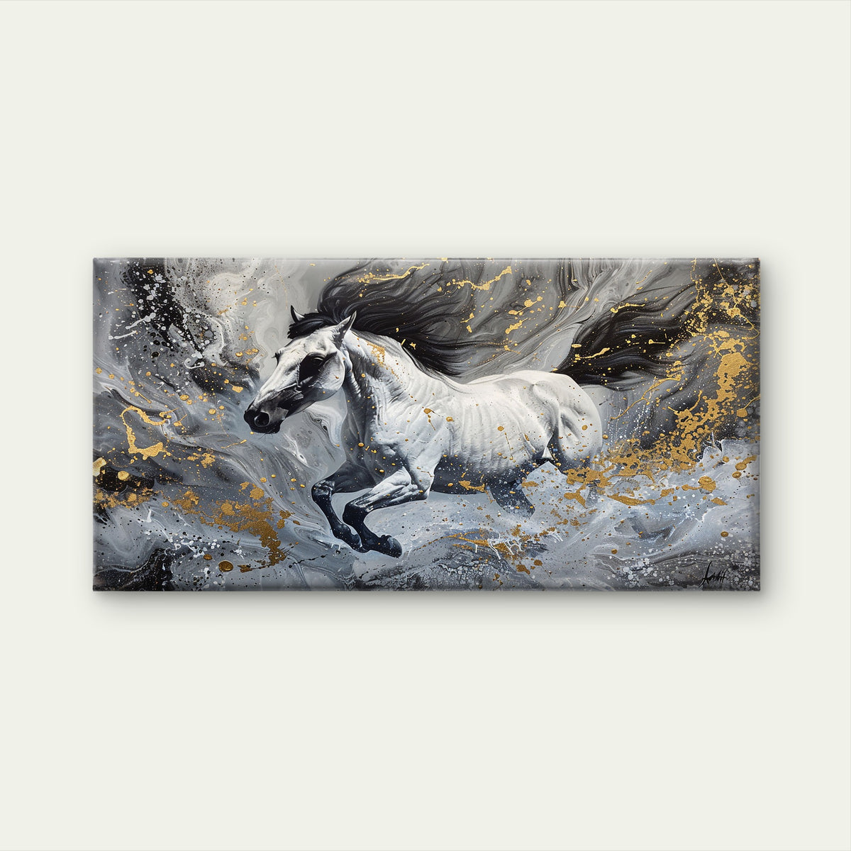 Abstract Running White Horse Wall Art Canvas Office Home Room Framed 120x60cm