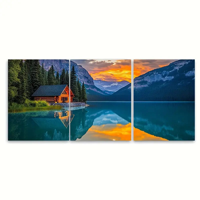 3pcs Mountain Lake Sunset Cabin Wall Art Set Canvas Framed 50x70cm - High Quality Print 100% Australian Made Wall Canvas Ready to Hang