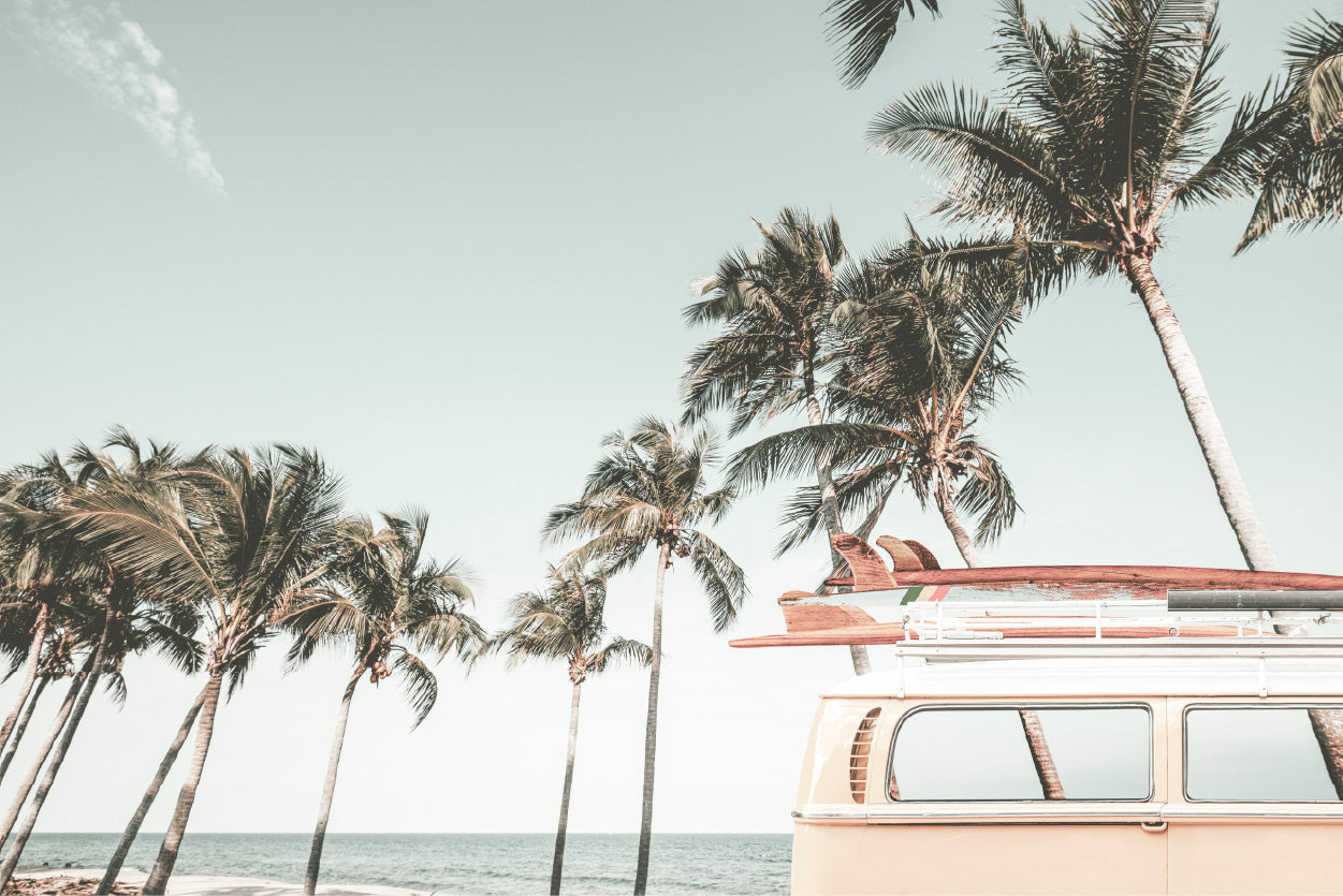 Van & Palm Trees near Beach Photograph Glass Framed Wall Art, Ready to Hang Quality Print