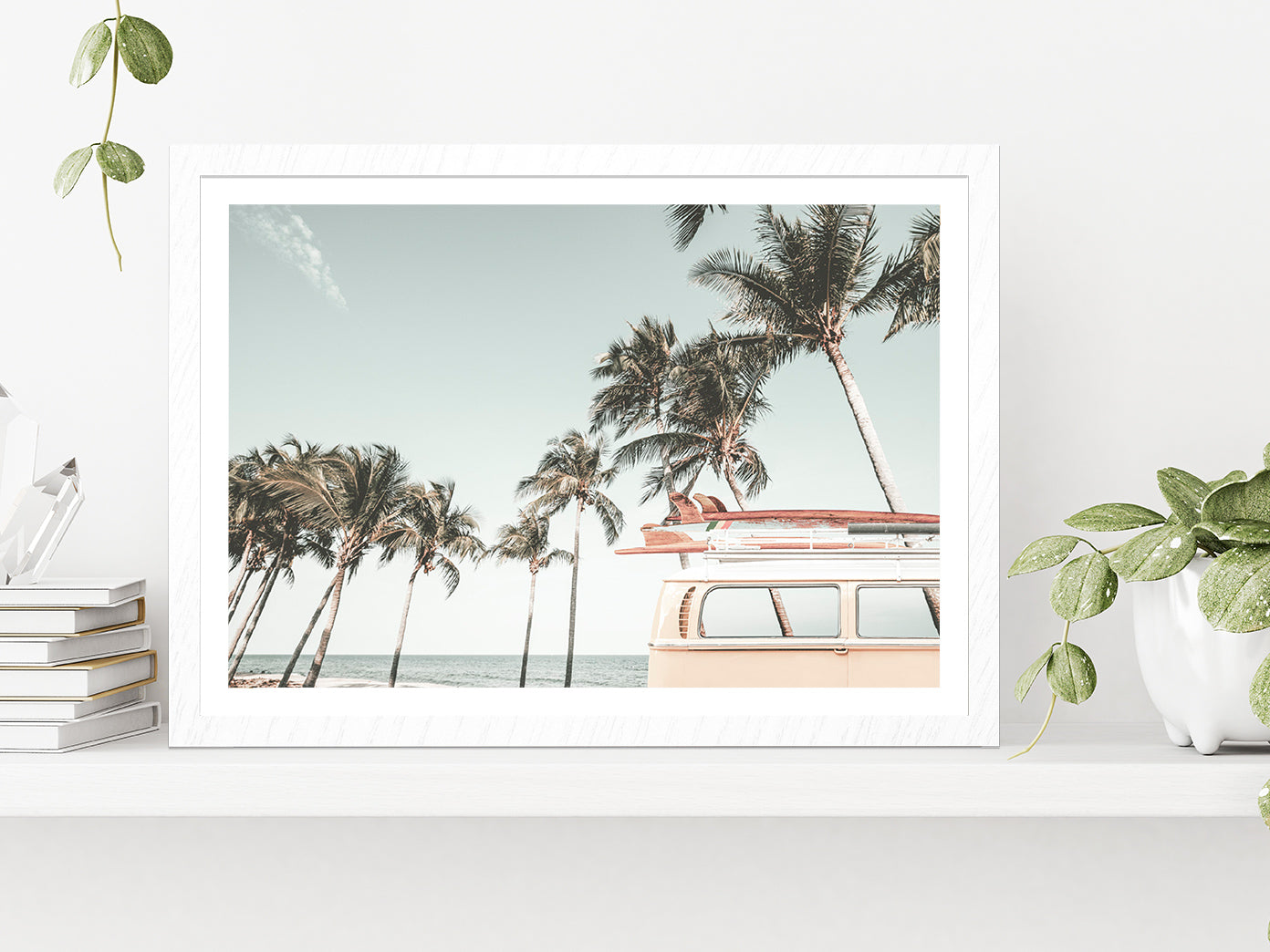 Van & Palm Trees near Beach Photograph Glass Framed Wall Art, Ready to Hang Quality Print With White Border White