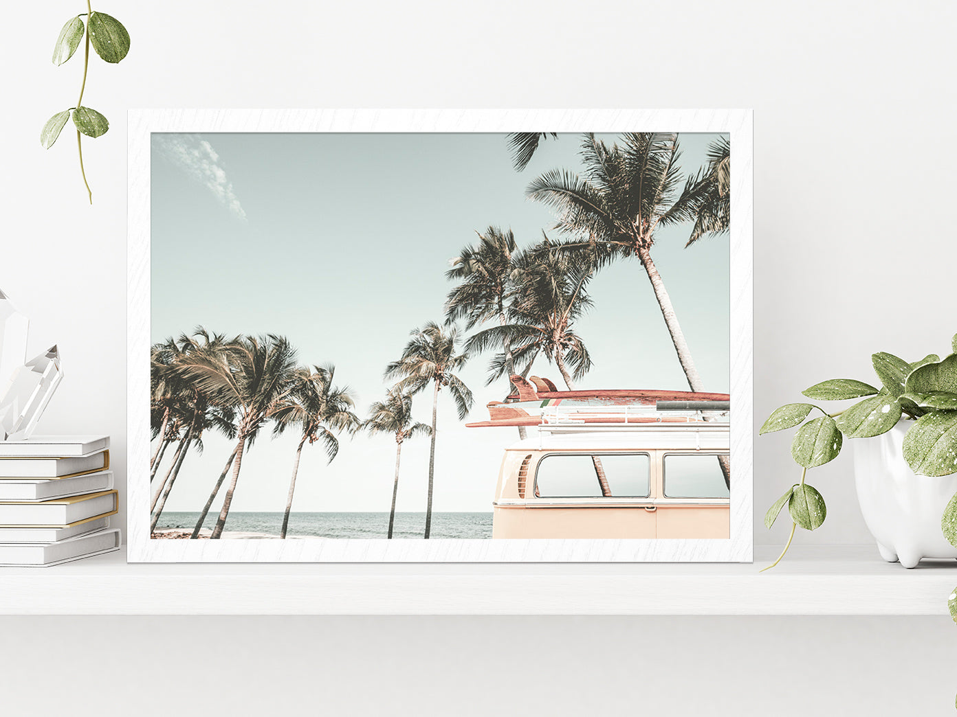 Van & Palm Trees near Beach Photograph Glass Framed Wall Art, Ready to Hang Quality Print Without White Border White