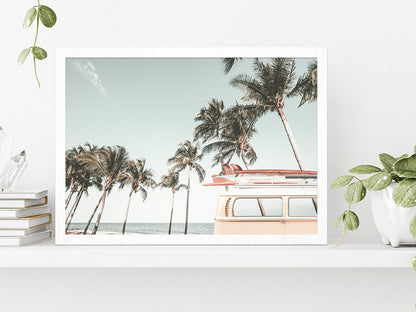 Van & Palm Trees near Beach Photograph Glass Framed Wall Art, Ready to Hang Quality Print Without White Border White