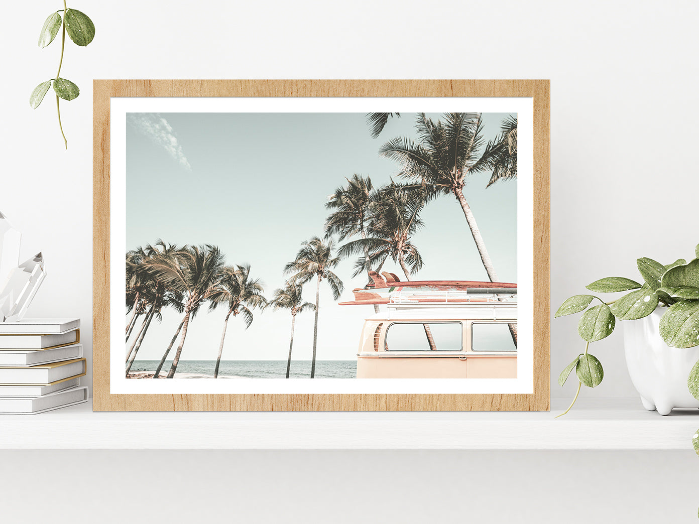 Van & Palm Trees near Beach Photograph Glass Framed Wall Art, Ready to Hang Quality Print With White Border Oak