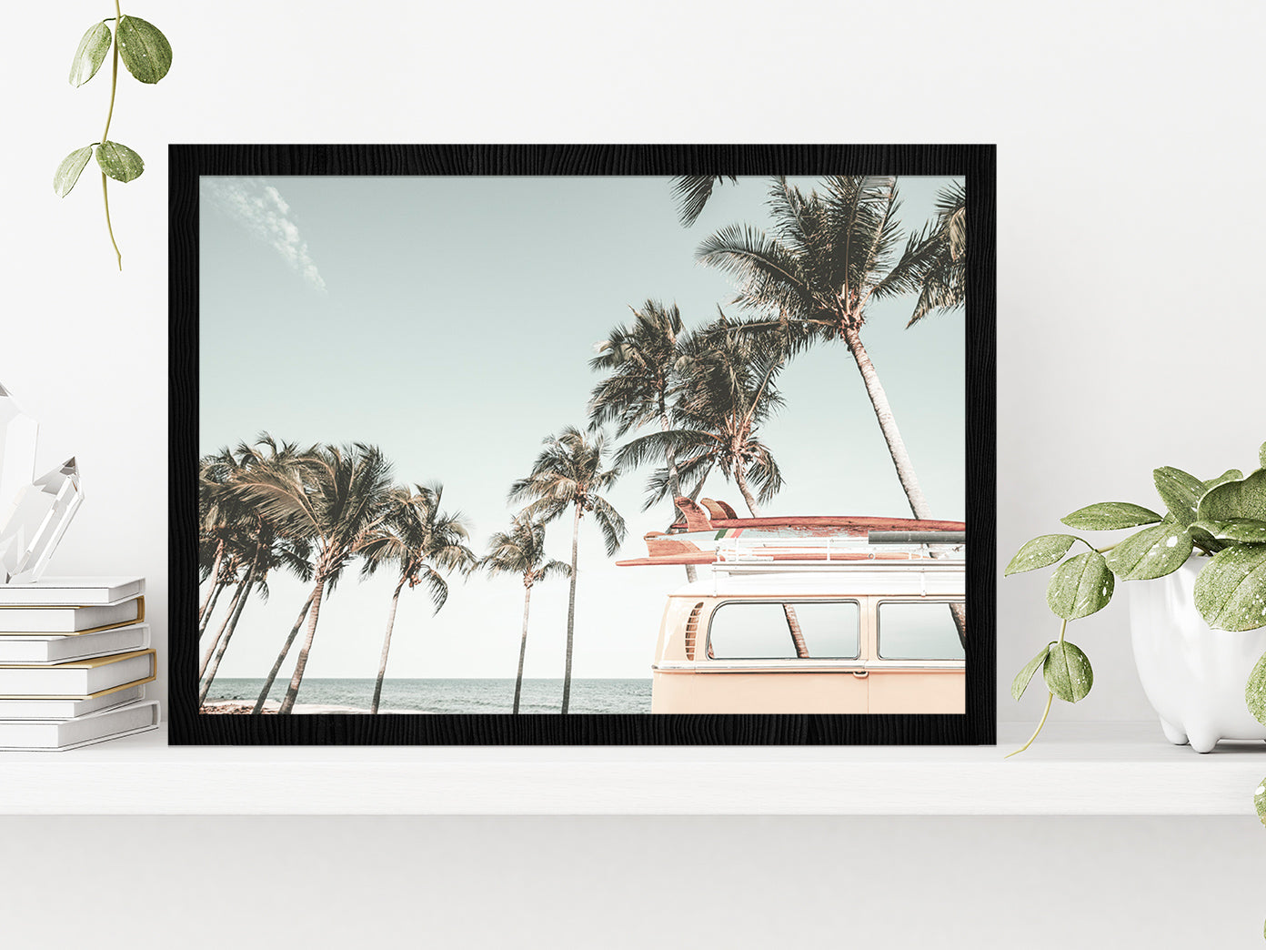 Van & Palm Trees near Beach Photograph Glass Framed Wall Art, Ready to Hang Quality Print Without White Border Black