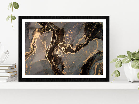 Gold & Black Abstract Marble Paint Glass Framed Wall Art, Ready to Hang Quality Print With White Border Black