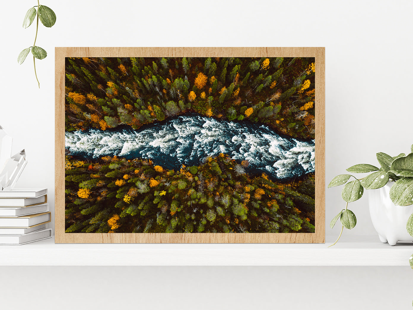 River Through Fall Forest Autumn Glass Framed Wall Art, Ready to Hang Quality Print Without White Border Oak