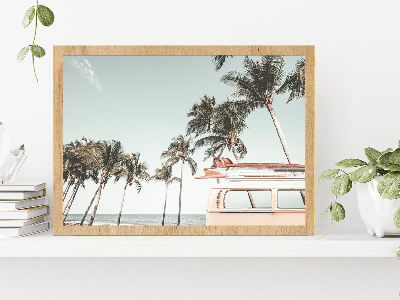 Van & Palm Trees near Beach Photograph Glass Framed Wall Art, Ready to Hang Quality Print Without White Border Oak