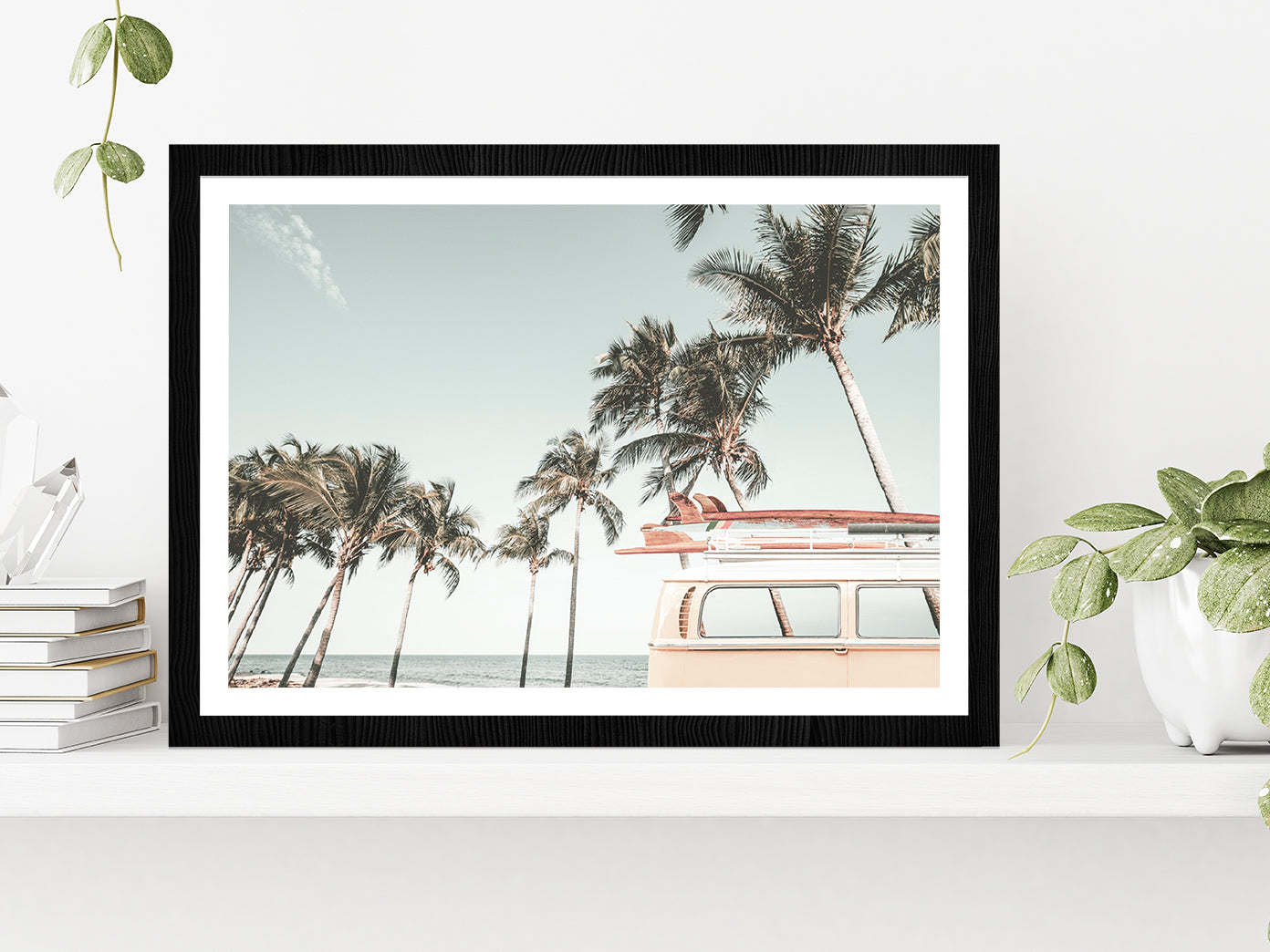 Van & Palm Trees near Beach Photograph Glass Framed Wall Art, Ready to Hang Quality Print With White Border Black