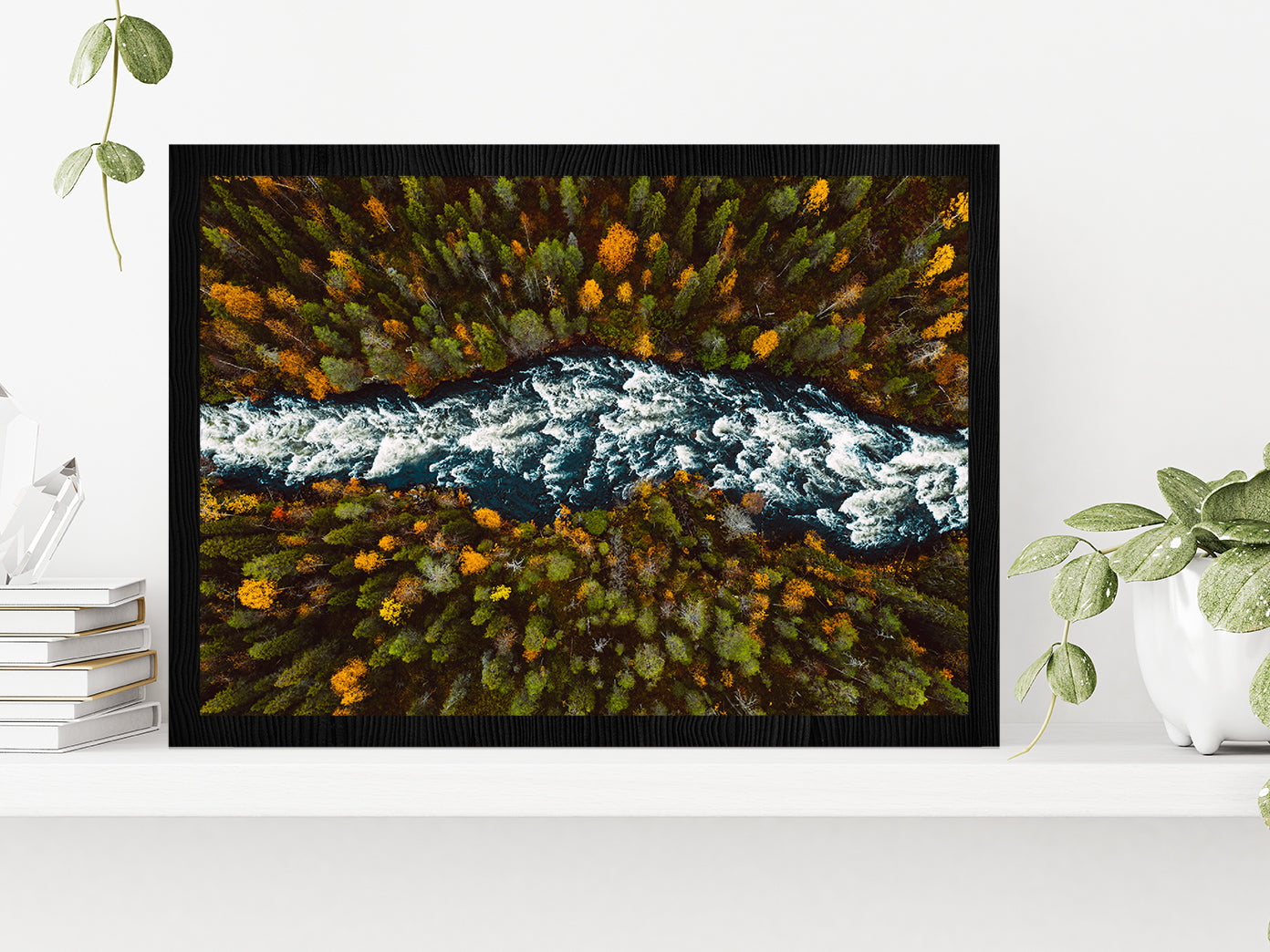 River Through Fall Forest Autumn Glass Framed Wall Art, Ready to Hang Quality Print Without White Border Black