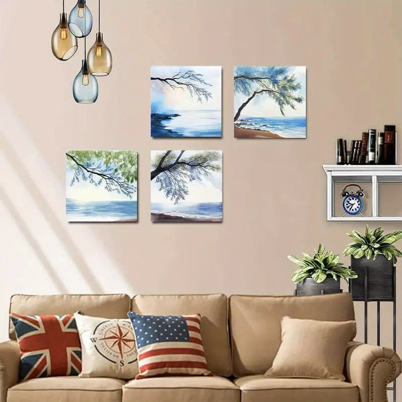 4pcs  Serene Beach & Tree Designs  TY    Wall Art Canvas Framed