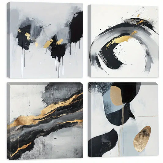 4pcs Black , Gold and White Paint   Wall Art Canvas Framed