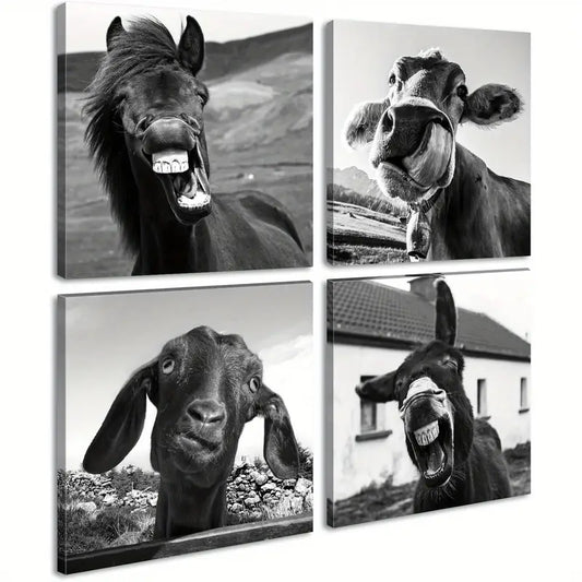 4pcs Horse, Cow, Goat, Donkey with Humorous Wall Art Canvas Framed