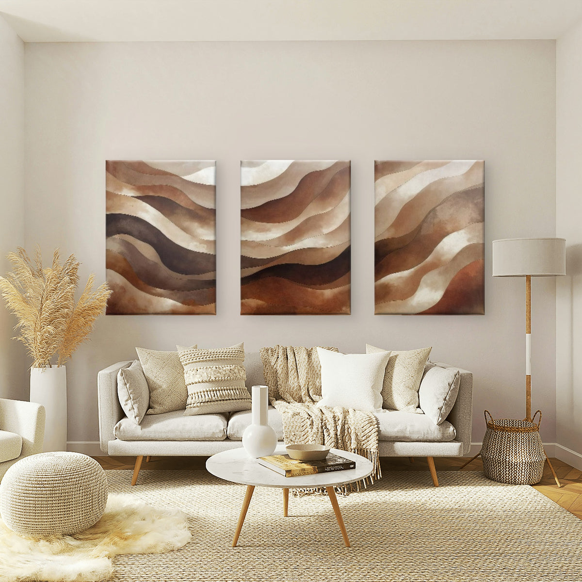 3pcs Terracotta Brown Earth Tones Abstract Wavy Neutral Desert Warm Wall Art Set Canvas Framed 60x90cm - High Quality Print 100% Australian Made Wall Canvas Ready to Hang