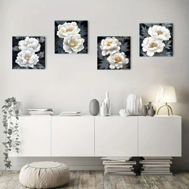 4pcs White Floral Oak Wood Art   Wall Art Canvas Framed