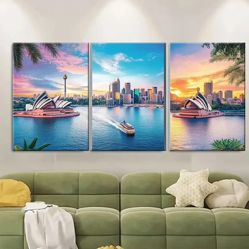 3pcs Melbourne Perth Sydney Travel Australia Wall Art Set Canvas Framed 60x90cm - High Quality Print 100% Australian Made Wall Canvas Ready to Hang