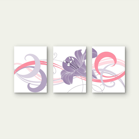 3pcs Purple Lily Flower Pink Abstract Swirl Metal Print Ready to Hang Art