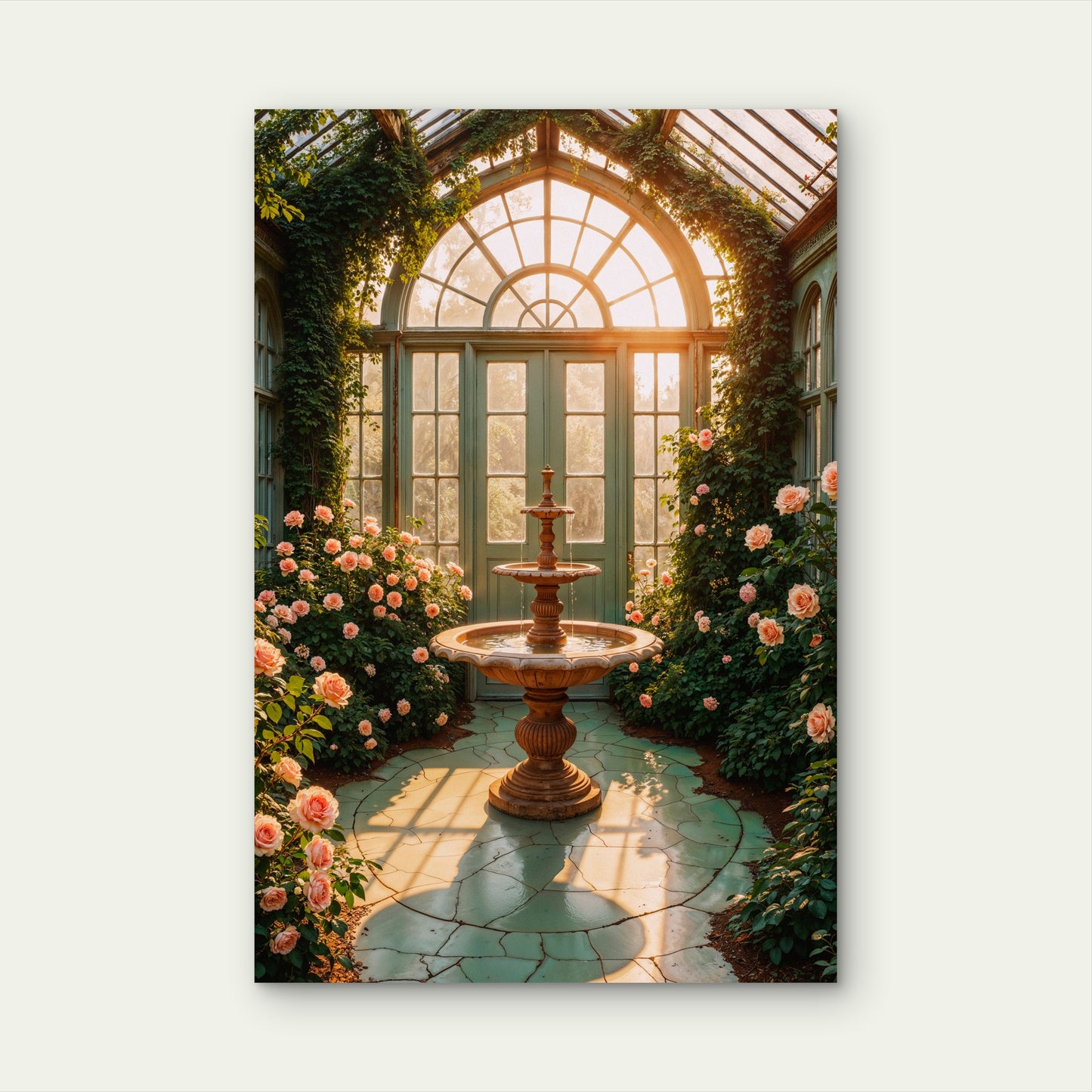 Sunlit Greenhouse Fountain 60x90cm Metal Print Ready to Hang