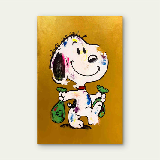 Cartoon Dog Money Bags Gold Background 60x90cm Metal Print Ready to Hang