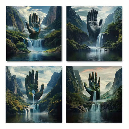 4pcs Hand Water Mountai Themed  Wall Art Canvas Framed