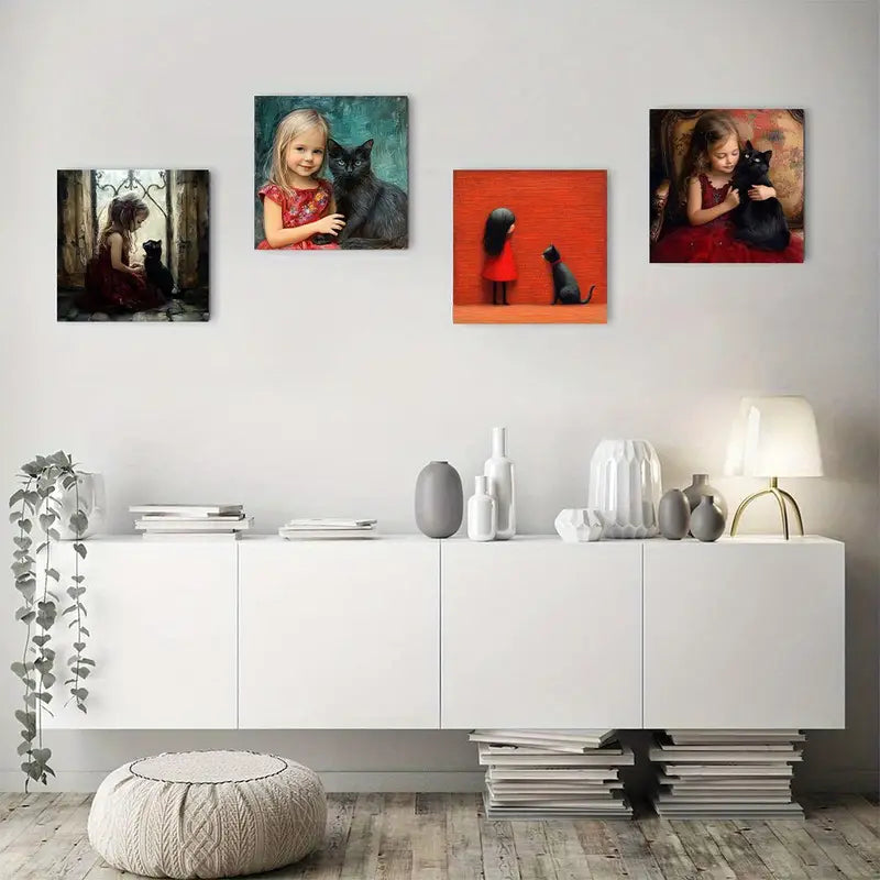 4pcs Little Girl With Black Cat  Wall Art Canvas Framed