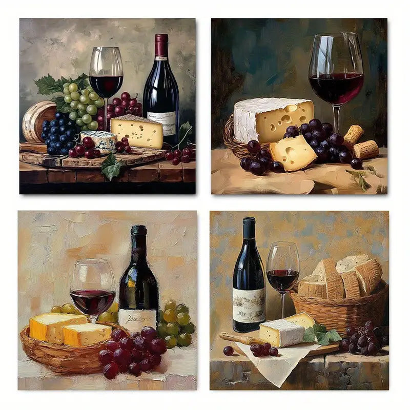 4pcs Retro Red Wine & Grape Pictur theme Wall Art Canvas Framed