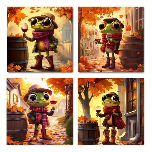 4pcs  Frog Wine Heels Wall Art Canvas Framed