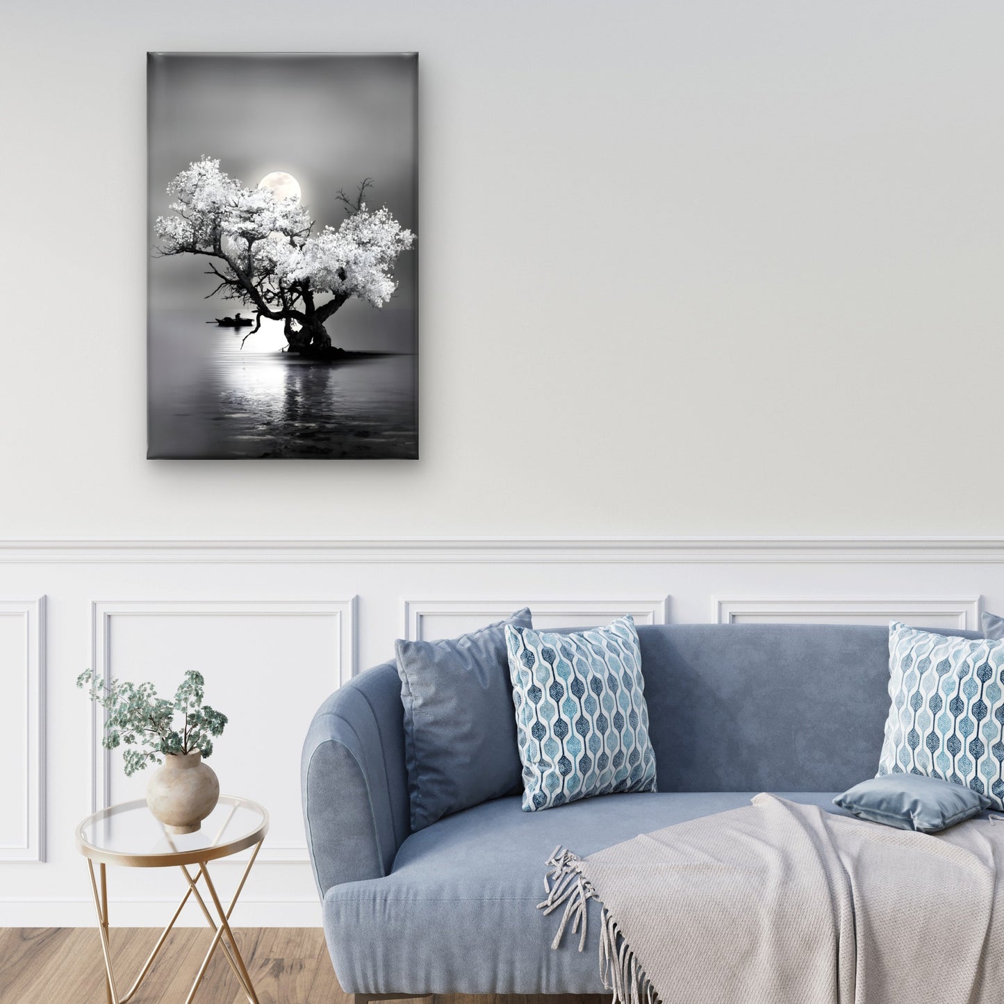 Bella Home Amazing Night View of Tree on Lake with Full Moon Print Canvas Ready to hang