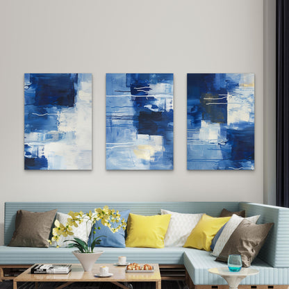 3pcs Modern Blue and White Abstract Oil Painting Wall Art Set Canvas Framed 40x60cm - High Quality Print 100% Australian Made Wall Canvas Ready to Hang