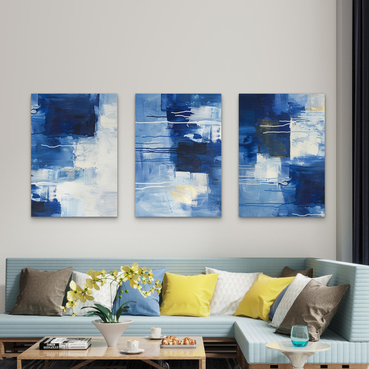 3pcs Modern Blue and White Abstract Oil Painting Wall Art Set Canvas Framed 50x70cm - High Quality Print 100% Australian Made Wall Canvas Ready to Hang