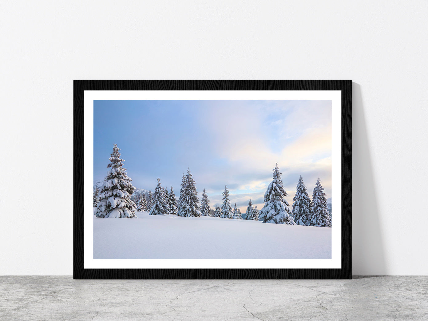 Meadow Covered With Frost Trees Glass Framed Wall Art, Ready to Hang Quality Print With White Border Black