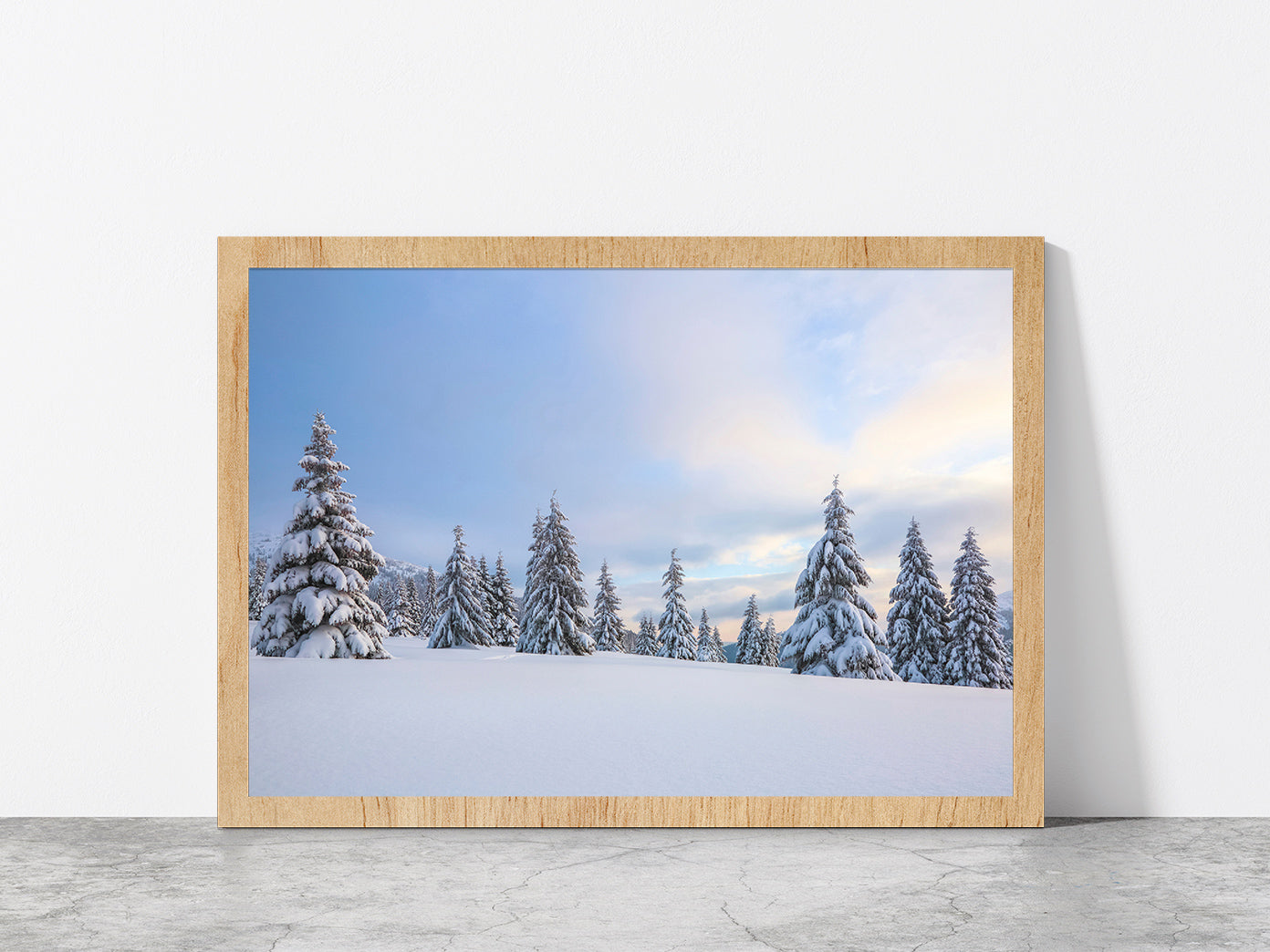 Meadow Covered With Frost Trees Glass Framed Wall Art, Ready to Hang Quality Print Without White Border Oak