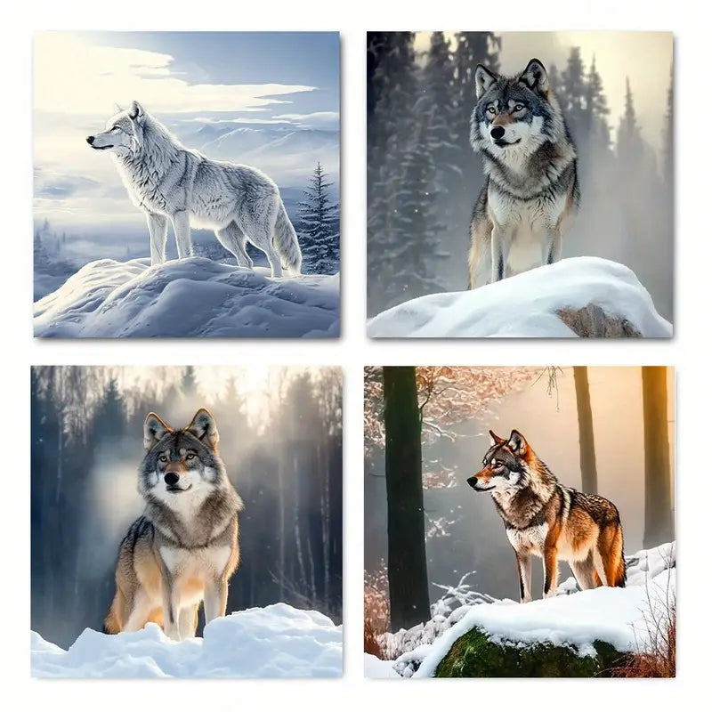 4pcs Nordic Art Wolf Snow Mountai Themed Wall Art Canvas Framed